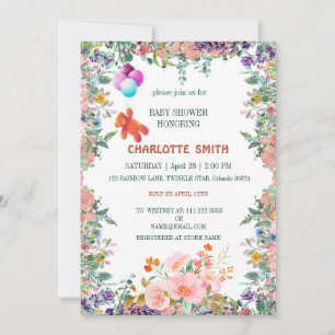 Pretty Bear floats with Balloon flora baby shower Invitation