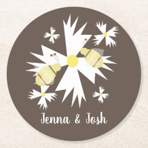 Pretty Bee Floral Botanical Yellow White Daisy Round Paper Coaster