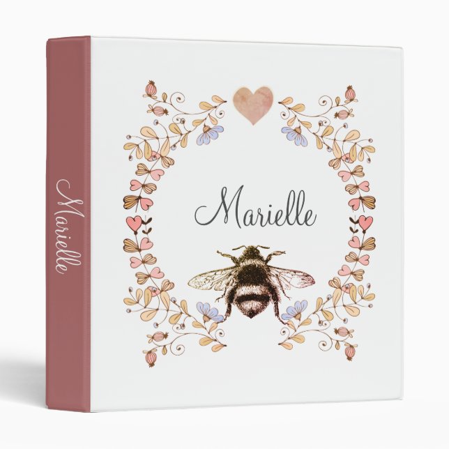 Pretty Bee Floral Pink Terracotta Personalized 3 Ring Binder (Front/Spine)