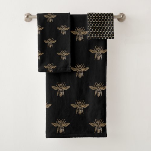 Pretty Bee Hive Black Pattern Bathroom Bath Towel Set