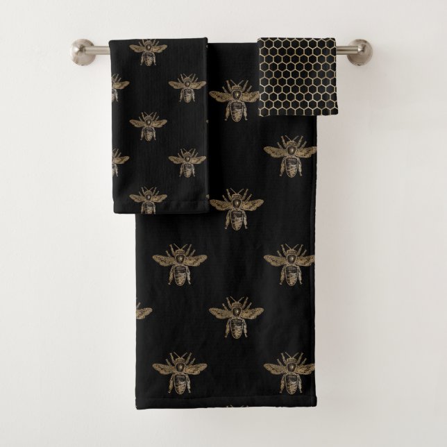 Pretty Bee Hive Black Pattern Bathroom Bath Towel Set (Insitu)