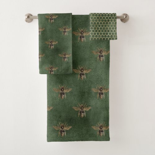 Pretty Bee Hive Green Pattern Bathroom Bath Towel Set
