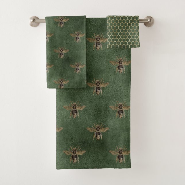 Pretty Bee Hive Green Pattern Bathroom Bath Towel Set (Insitu)