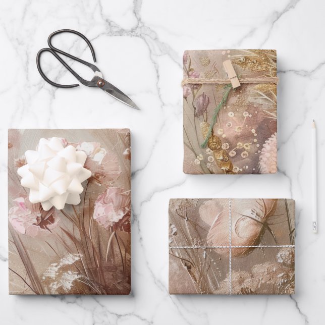 Pretty Beige Blush Boho Floral  Wrapping Paper Sheets (Front)