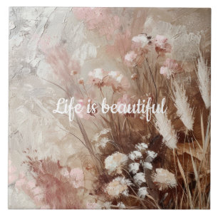 Pretty Beige Blush Pink Boho Floral Ceramic Tile
