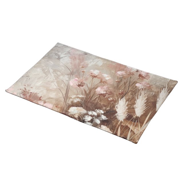 Pretty Beige Blush Pink Boho Floral  Cloth Placemat (On Table)