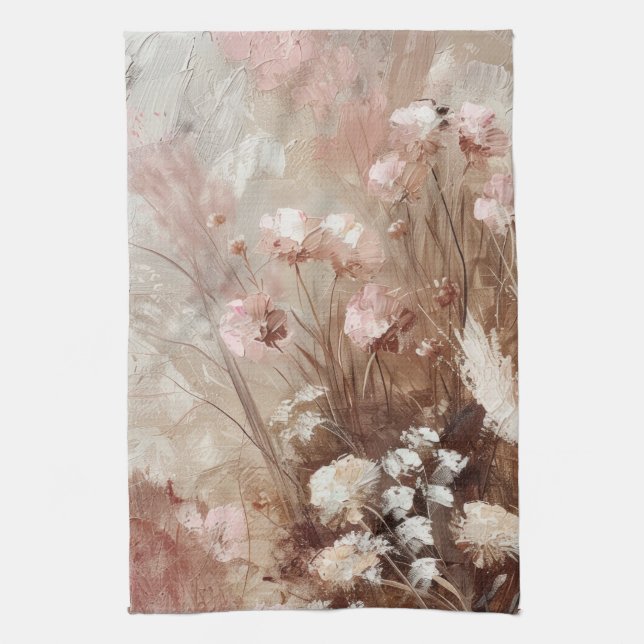 Pretty Beige Blush Pink Boho Floral  Kitchen Towel (Vertical)