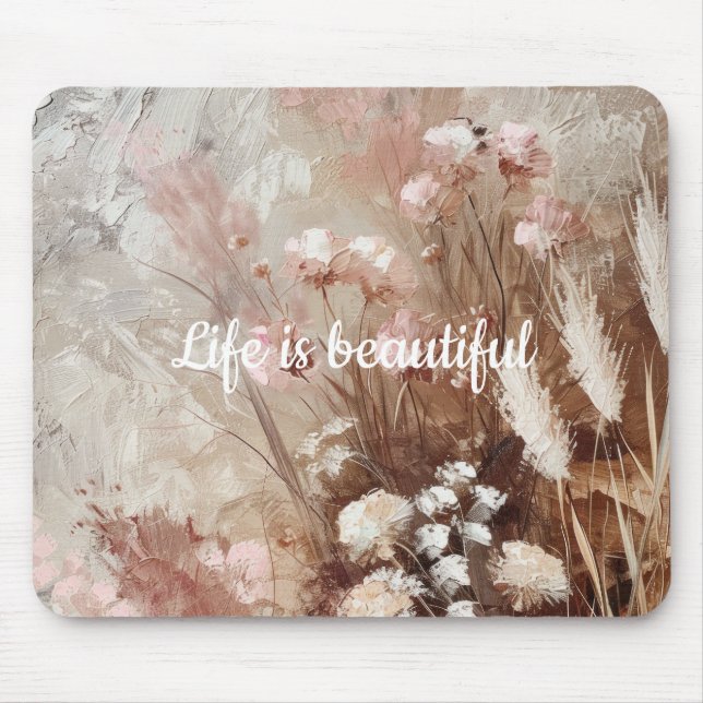 Pretty Beige Blush Pink Boho Floral  Mouse Pad (Front)
