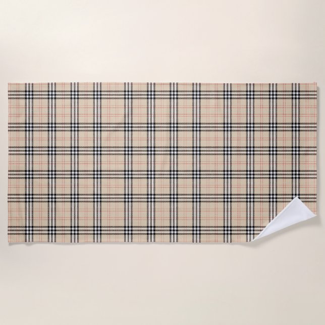 Pretty Beige Plaid Tartan Beach Towel (Front)