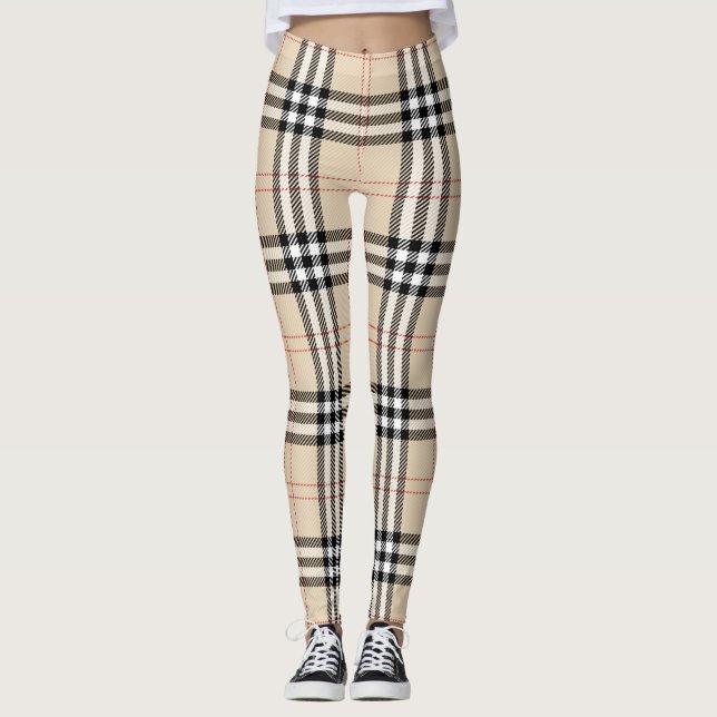 Pretty Beige Plaid Tartan Leggings (Front)