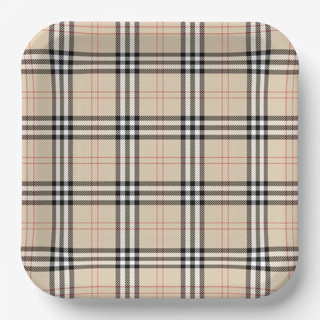 Pretty Beige Plaid Tartan Paper Plates (Front)