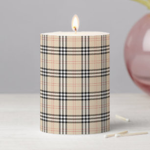 Pretty Beige Plaid Tartan Pillar Candle
