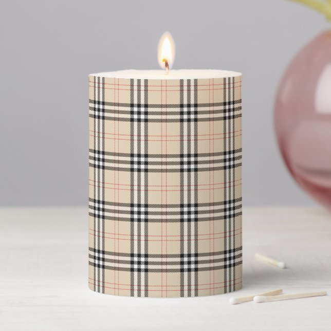 Pretty Beige Plaid Tartan Pillar Candle (In Situ)