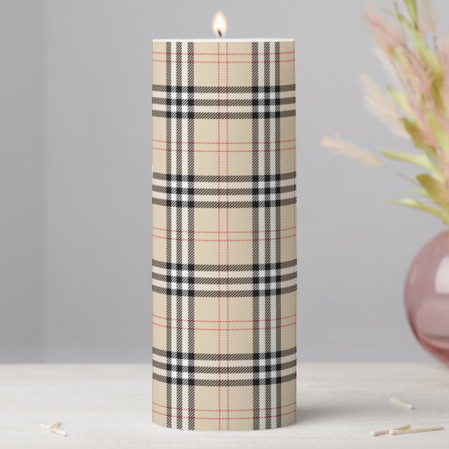Pretty Beige Plaid Tartan Pillar Candle (In Situ)