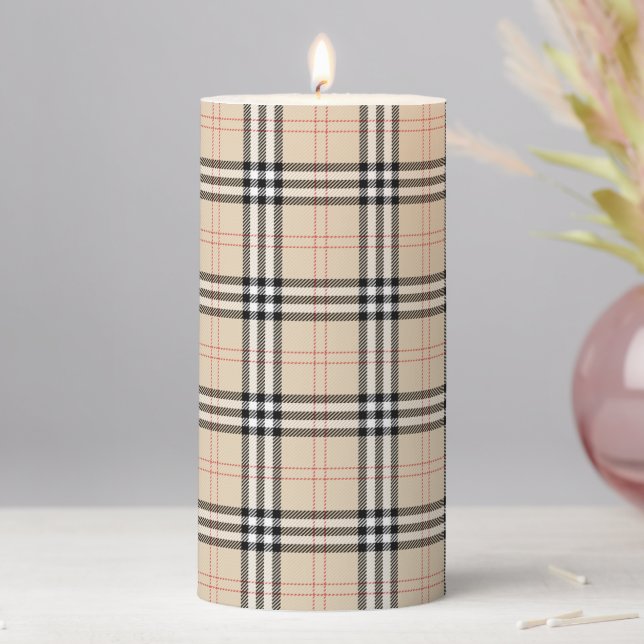 Pretty Beige Plaid Tartan Pillar Candle (In Situ)