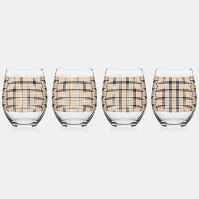 Pretty Beige Plaid Tartan Stemless Wine Glass (Front)