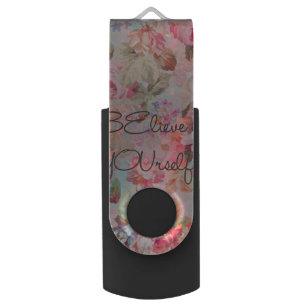 Pretty “Believe in YOUrself” quote roses floral USB Flash Drive