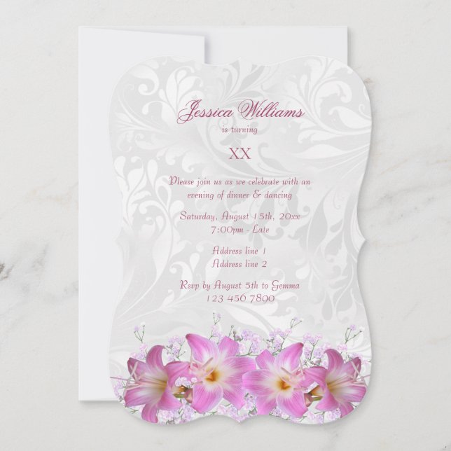 Pretty Belladonna Lilies & Damask Birthday Party Invitation (Front)