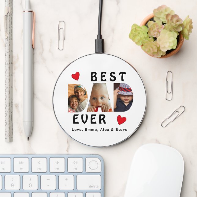 Pretty Best Dad Ever 3 Photo Collage Custom  Wireless Charger (Desk)