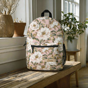 Pretty Big Camellia Flower Pink Golden Girly Name Printed Backpack