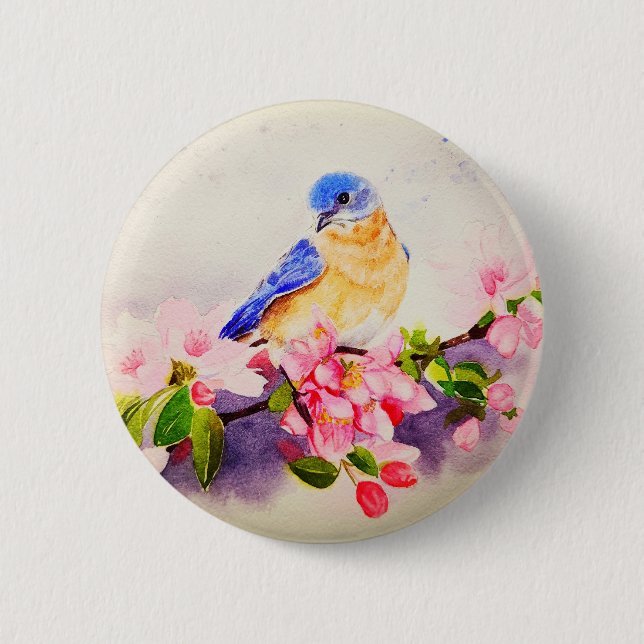Pretty bird and cherry blossom watercolor painting button (Front)