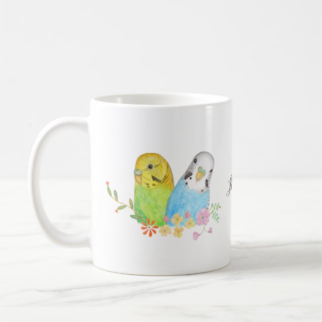 Pretty Bird Budgie Parakeet Parrot Custom name Coffee Mug (Left)