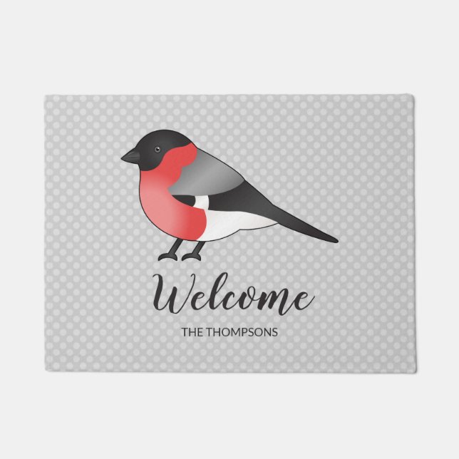Pretty Bird Illustration & Custom Name Welcome Doormat (Front)