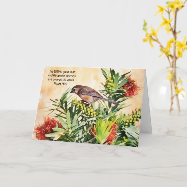 Pretty Bird on Berry Bush Bible Verse Art Note Card (Yellow Flower)