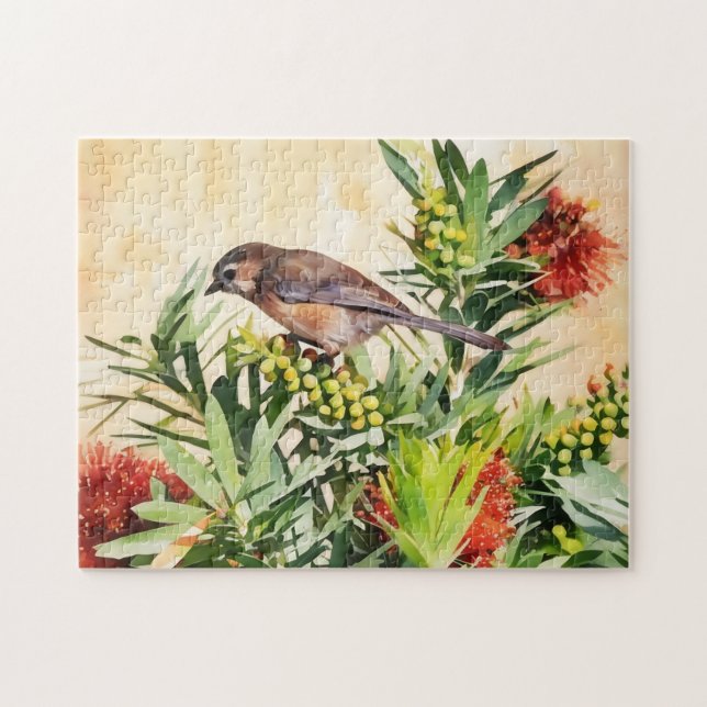 Pretty Bird on Flower Bush Nature Art Puzzle (Horizontal)