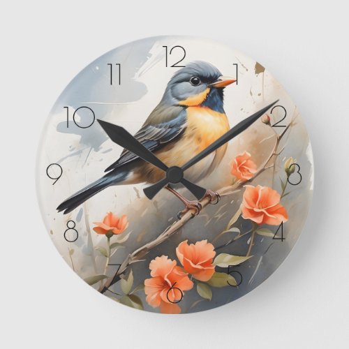 Pretty Bird on Tree Limb Orange Flowers  Round Clock