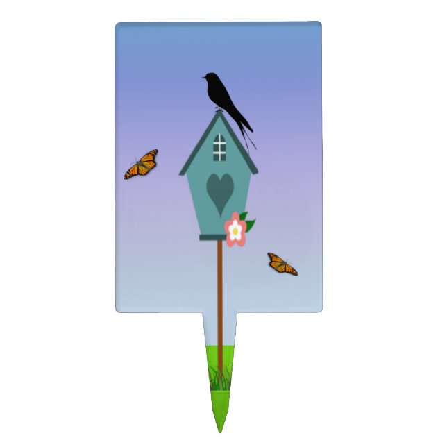 Pretty Bird Silhouette on top a Blue Birdhouse Cake Topper (Front)