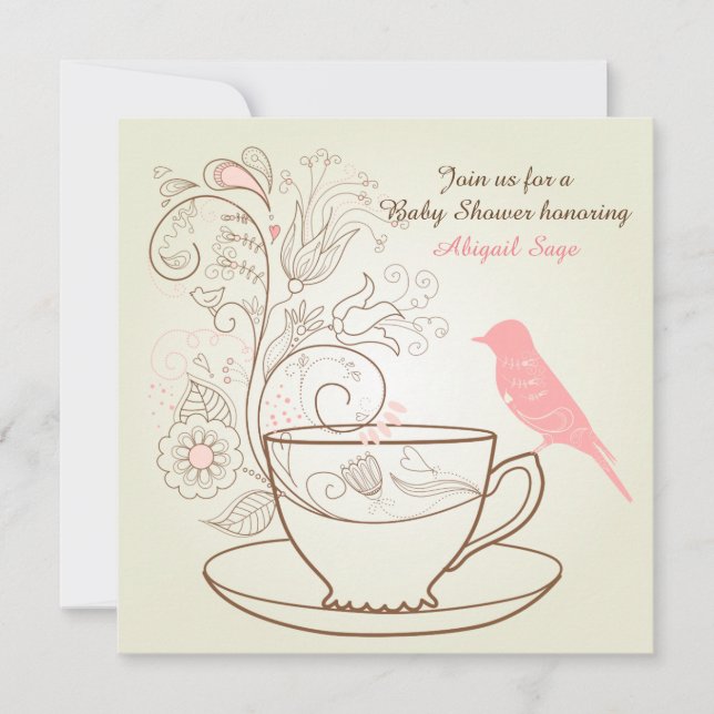 Pretty Bird Tea Party Girls Baby Shower Invitation (Front)