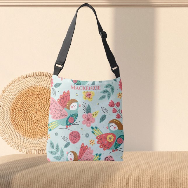 Pretty Birds and Flower Pattern Personalized Crossbody Bag (Pretty Birds and Flower Pattern Personalized Crossbody Bag by Ricaso. Add your name or other text)