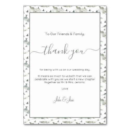 Pretty birds and hill Wedding thank you Table Card