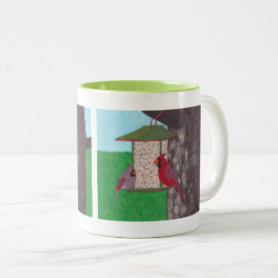 Pretty birds, Cardinals at the feeder, mugs