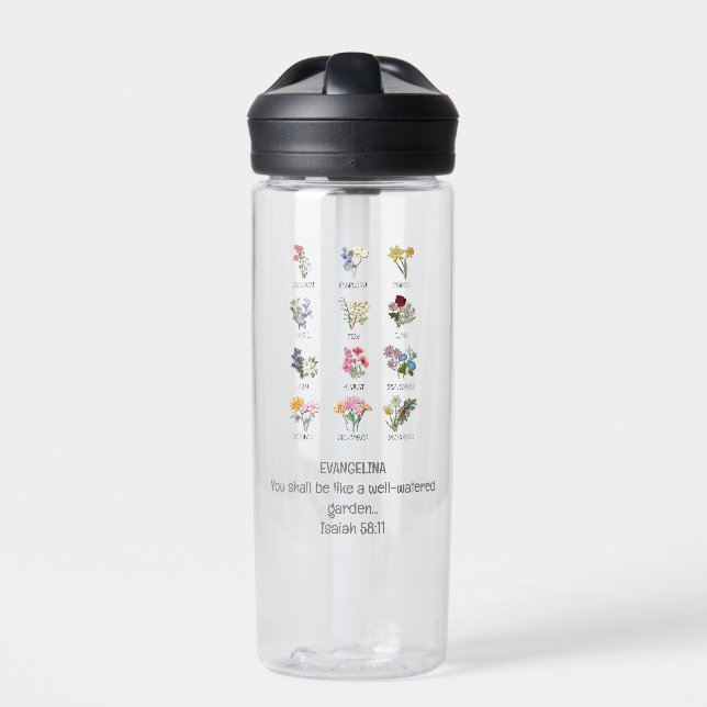 Pretty BIRTH MONTH FLOWER Christian Bible Verse Water Bottle (Front)