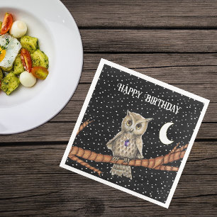 Pretty Birthday Brown Owl Purple Crystal Moon Star Paper Dinner Napkins