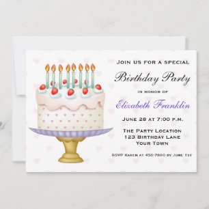 Pretty Birthday Cake with Hearts and Candles Invitation