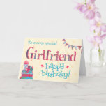 Pretty Birthday Card for Girlfriend, Bunting Gifts<br><div class="desc">A pretty Birthday Card for a very special Girlfriend, with a pile of Birthday gifts, Bunting and Flowers. The word, 'Girlfriend' is in patterned lettering and Happy Birthday is in Turquoise Blue, all on a cream background, with hearts scattered around. A digital design by Judy Adamson for the Granny Prints...</div>