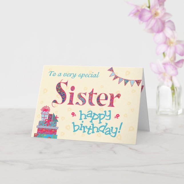 Pretty Birthday Card for Sister, Bunting, Gifts (Orchid)