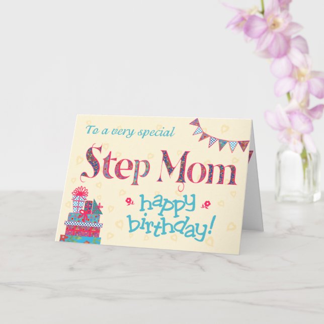 Pretty Birthday Card for Step Mom, Bunting, Gifts (Orchid)