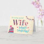 Pretty Birthday Card for Wife, Bunting, Gifts<br><div class="desc">A pretty Birthday Card for a very special Wife, with a pile of Birthday gifts, Bunting and Flowers. The word, 'Wife' is in patterned lettering and Happy Birthday is in Turquoise Blue, all on a cream background, with hearts scattered around. A digital design by Judy Adamson for the Granny Prints...</div>