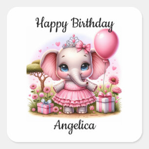 Pretty Birthday Elephant in Pink Dress and Tiara Square Sticker