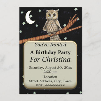 Pretty Birthday Owl Blue Necklace Stars Moon Invitation