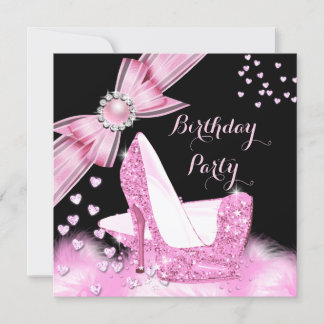Pretty Birthday Party Glitter Pink High Heels 2 Invitation