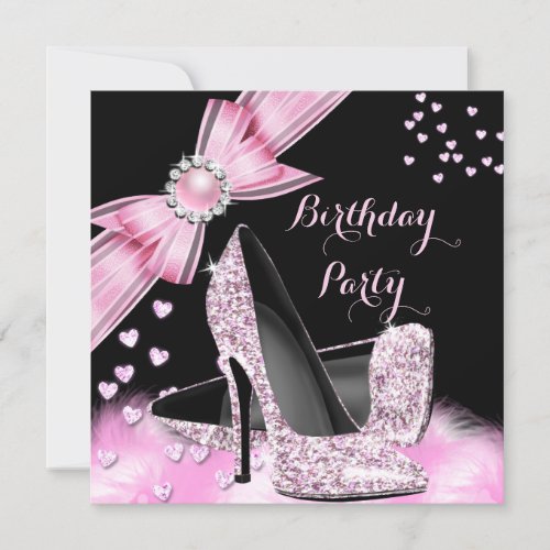 Pretty Birthday Party Glitter Pink High Heels Invitation
