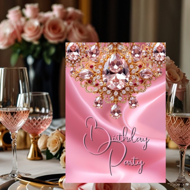 Pretty Birthday Party Silk Blush Pink jewel Gold Invitation (Creator Uploaded)