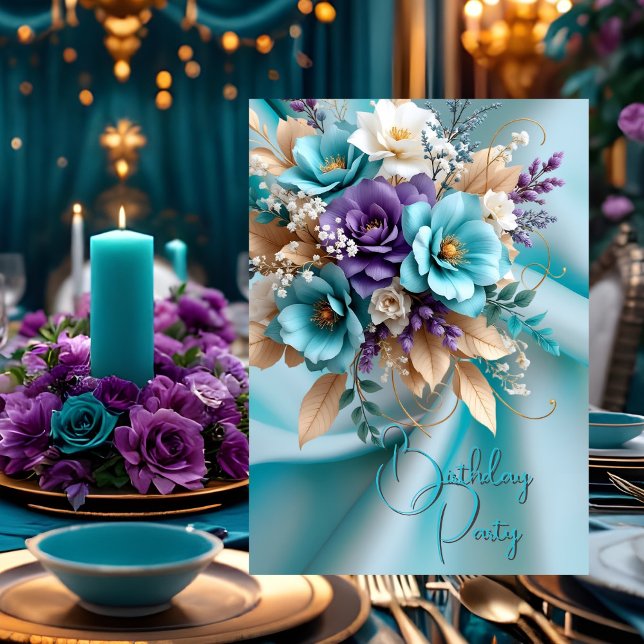 Pretty Birthday Party Silk Teal Purple Floral Invitation (Creator Uploaded)