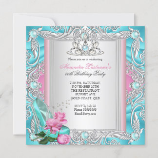 Pretty Birthday Party Teal Pink Rose High Heels 3 Invitation