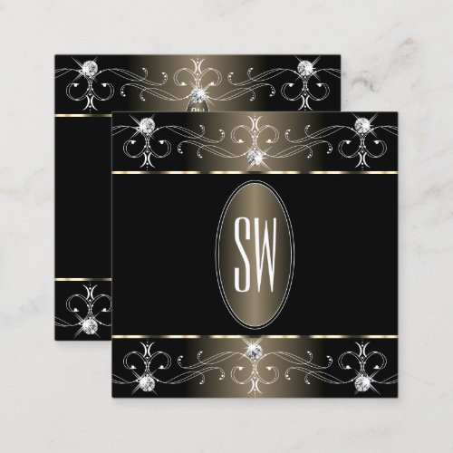Pretty Black and Beige Ornate Ornaments Monogram Square Business Card